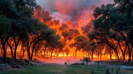 Intense wildfire rages through forest with dramatic orange flames and smoke filling the landscape