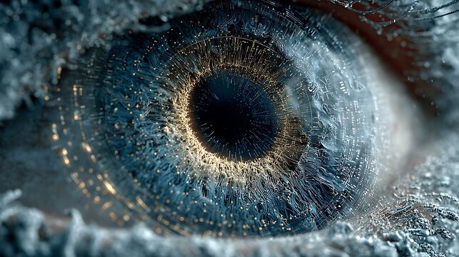 Macro shot shows a blue eye with circuit board pattern overlaying the iris