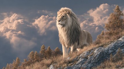Majestic male lion surveys the golden landscape from a rocky hillside against the cloudy sky
