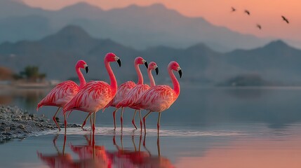 Many beautiful pink flamingos stand gracefully in the shallow, calm water at twilight