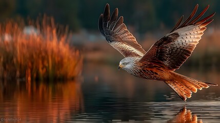 Majestic red kite soars gracefully over rippling water with vibrant reflections in nature