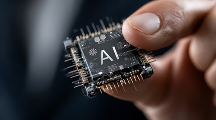 Person holds a dark microchip labeled with AI, showcasing intricate digital circuit details clearly