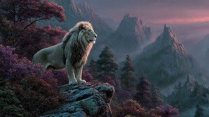 Regal white lion stands on a rocky cliff edge overlooking misty mountain peaks
