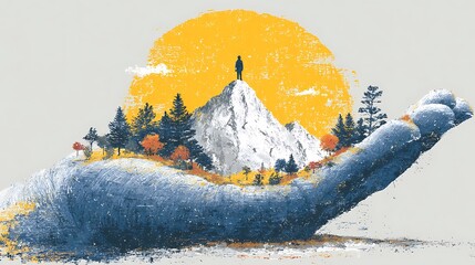 Person stands on the mountain peak cradled by hand, beneath a vibrant, abstract sun