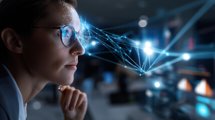 Faceless business professional viewing holographic AI analytics interface, blue glow illuminating data points and network graphs, defocused office background, with copy space.