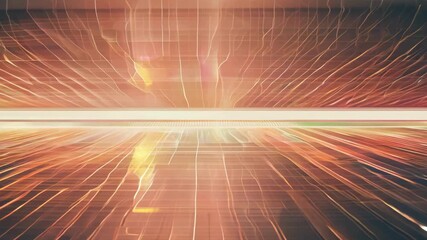Flying over a glowing digital grid towards a light horizon. Abstract sci-fi synthwave background with orange neon laser lines. - Powered by Adobe