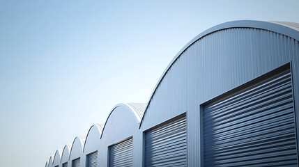 A row of commercial buildings with arched roofs and roll-up doors under a bright sky. Minimalist architecture with industrial design, emphasizing clean lines and smooth, metal surfaces.