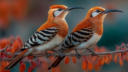 Two African Scimitarbill birds with orange plumage perch together on a leafy branch gracefully