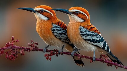Two beautiful rufouscrowned motmots perch together calmly on a vibrant, textured branch in nature