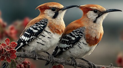 Two exquisite chestnut crowned babbler birds perch on a branch amidst red blossoms