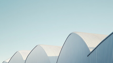 Arched metal rooftops rise against a soft sky, their linear texture contrasting with the smooth curve. Modern architecture merges with cloudless skies, creating a serene urban vista.