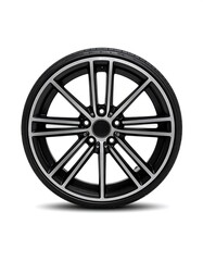 Obraz premium A sleek, modern automotive wheel in black and silver, featuring multiple spokes and a central hub. It sits on a white background