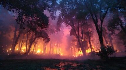 Wildfire glows ominously within the hazy forest, creating a surreal, fiery spectacle at dusk