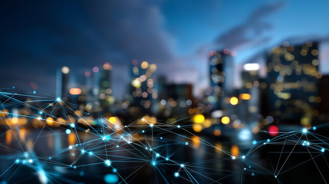 Defocused business city skyline overlaid with transparent data lines and network symbols illustrating digital transformation, with copy space.