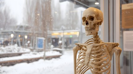 A human skeleton model stands by a window observing a snowy winter scene with blurred outdoor elements