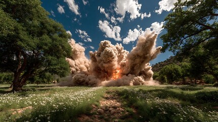 A powerful explosion erupts on a green meadow under a blue, cloudy sky with trees