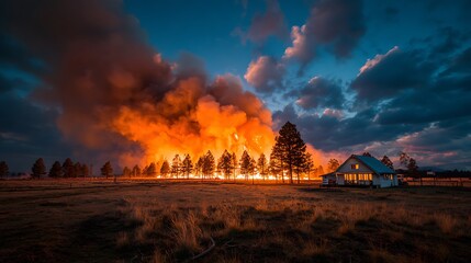 A picturesque house stands near a raging fire consuming a row of trees dramatically