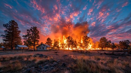 A raging wildfire consumes trees near rural houses under a vivid sunset sky