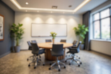 Blurred background of modern conference room with circular table, soft lighting and whiteboard, designed for collaborative meetings and professional discussions in a corporate environment.
