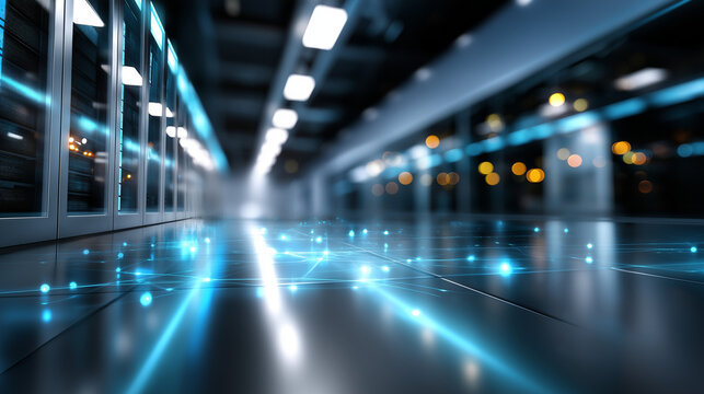 Defocused background of futuristic data center corridors with glowing light paths representing secure information flow, with copy space.