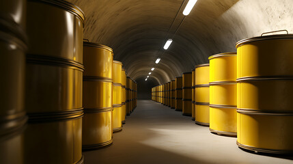 Long corridor in a storage area. Rows of yellow metal barrels extend into the distance, lit by fluorescent lights. The ceiling is curved, giving it the appearance of a tunnel.