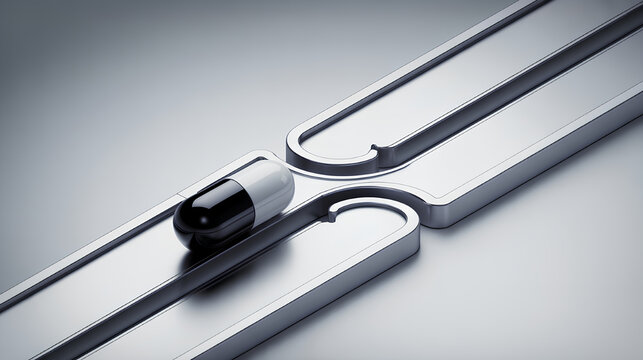 Minimalist capsule chrome pathway junction sleek design black and white futuristic pharmaceutical metallic surface symmetry precision engineering. Minimalist chrome pathway junction with sleek - Powered by Adobe