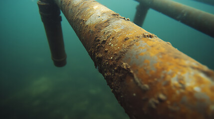 Submerged metal pipes covered with rust and aquatic growth, resting under a still body of water. The pipes form an industrial structure partially hidden beneath the surface.