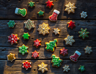 Festive Christmas cookies delight on rustic wood background, perfect for holiday baking promotions and cozy winter celebrations, a sweet treat!