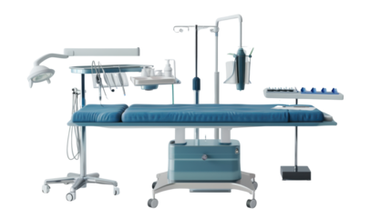Modern hospital operating table with advanced medical tools, surgical instruments, and healthcare technology setup isolated for medical concept on white background