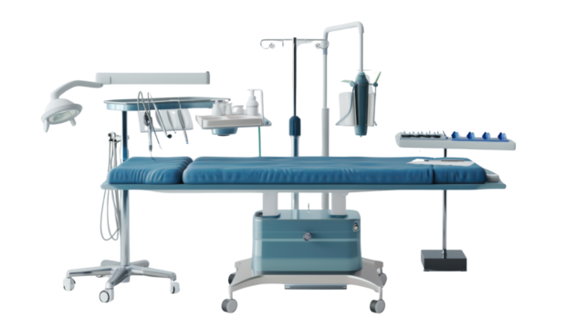 Modern hospital operating table with advanced medical tools, surgical instruments, and healthcare technology setup isolated for medical concept on white background