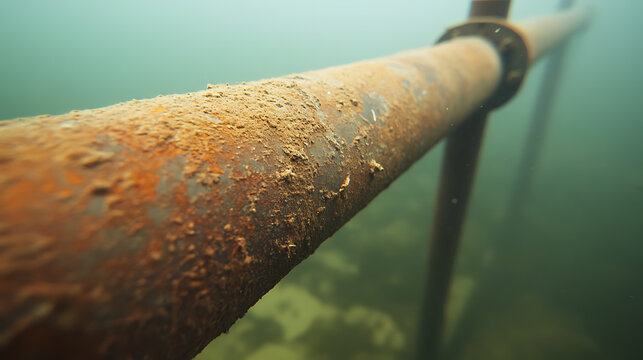 Submerged pipeline with rust and marine growth. An old and corroded underwater structure with metal supports, immersed in murky water, creating an intriguing underwater view. - Powered by Adobe