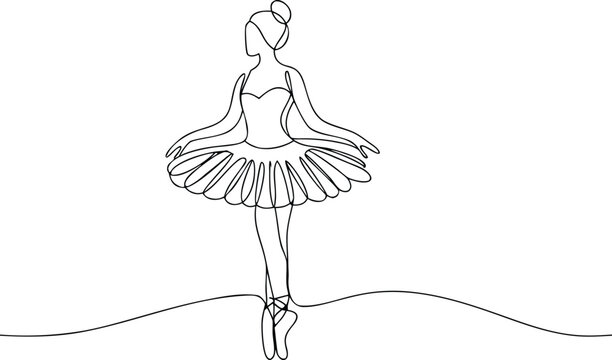 Single line drawing of a ballerina in a tutu ballet