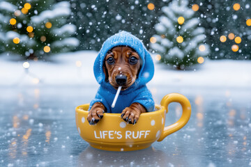 - Dachshund puppy sad in blue hoodie in a mug against snowy background