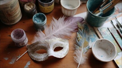 Wooden table with various art supplies scattered on it. on the left side of the table, there are several jars of paint in different colors, including blue, green, and purple.