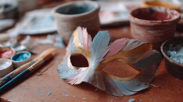 Close-up of a mask with feathers on it. the mask is made of clay and has a gold-colored metal frame with a small hole in the center. - Powered by Adobe