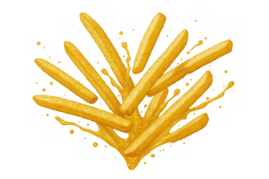 French fries falling into yellow cheese sauce splash creating a dynamic fast food illustration on transparent background