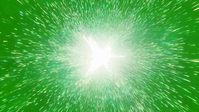 Intense white light explosion radiating outward on green screen. Hyperspace warp speed or divine holy light burst effect.