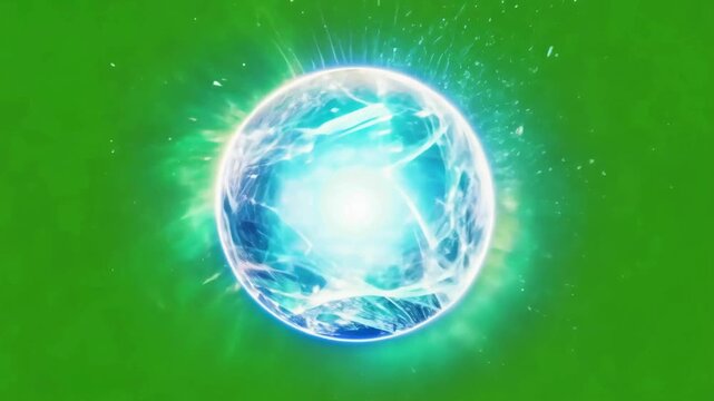 Rotating blue plasma energy sphere with electric lightning on green screen. Sci-fi force field shield or magic power ball effect.