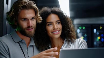 Two individuals interacting near a server rack - Powered by Adobe