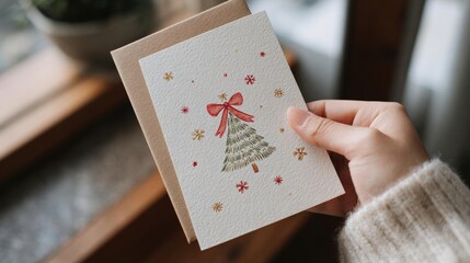 Hand holding a small greeting card with a christmas tree design on it. the card is made of brown paper and has a red ribbon tied in a bow at the top.