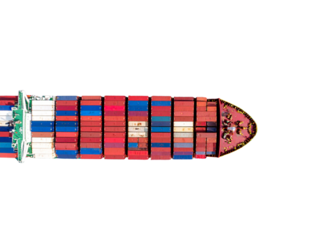 Aerial View of Container Ship Sailing, Highlighting Deck Layout and Container Colors, PNG