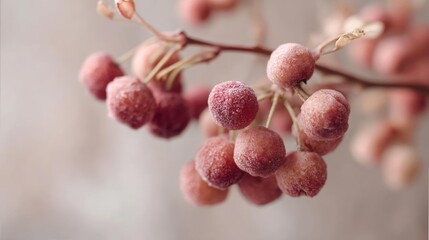 Close-up of a bunch of small, round, pink berries. the berries are covered in a layer of frost, giving them a glistening appearance.