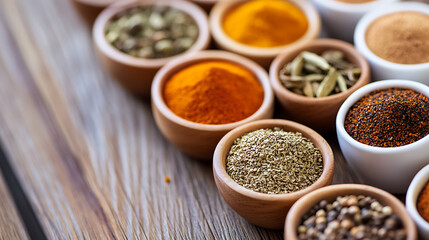 A vibrant display of spices in bowls showcases the variety of flavors and aromas used in culinary creations. Aromatic blend of natural herbs & ingredients.