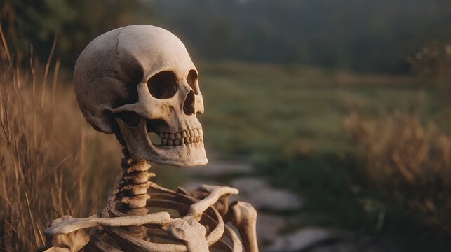 A detailed human skeleton is posed in a serene misty natural landscape with tall grass and a path at sunrise evoking a sense of quiet contemplation
