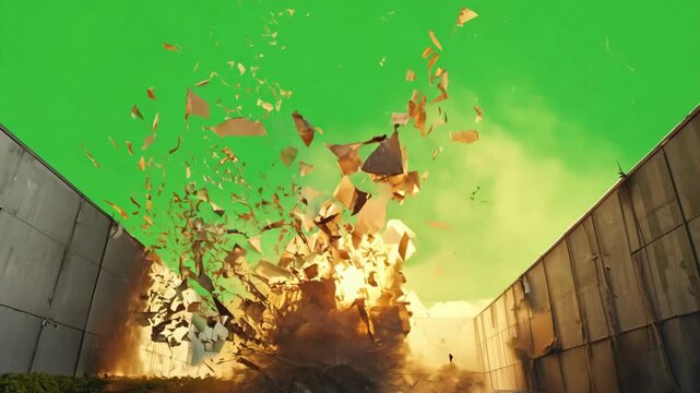 Massive explosion destroying a concrete alleyway with flying debris and paper fragments. Urban destruction scene on green screen.