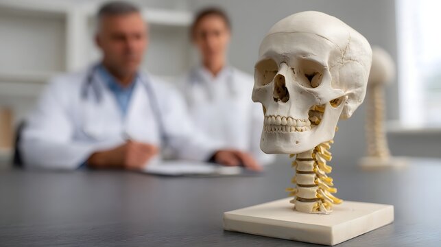 Medical professionals discuss anatomy with a skull and spine model in a consultation room