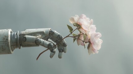 Close-up of a robotic hand holding a pink rose. the hand appears to be made of metal and has a metallic finish. the rose is in full bloom with delicate petals and green leaves.