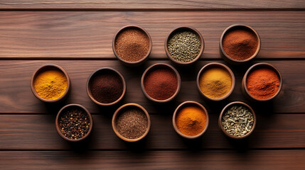 A collection of spices in small wooden bowls, arranged on a rustic wooden surface. The spices display a diverse array of colors and textures, enhancing visual interest.