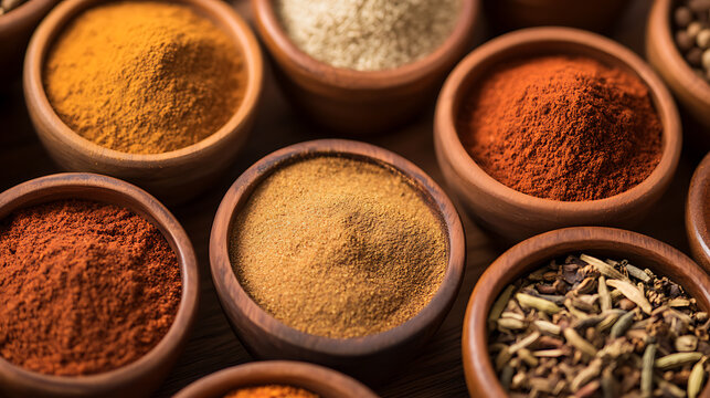 A vibrant array of spices in rustic wooden bowls, displaying a rich spectrum of colors and textures, evokes culinary artistry and global flavors in one compact arrangement.