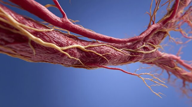 Detailed biological vascular network featuring red arteries and yellowish vessels set against a vibrant blue background